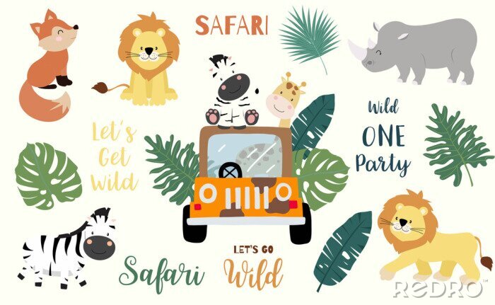 Poster Safari object set with fox,giraffe,zebra,lion,leaves,car. illustration for logo,sticker,postcard,birthday invitation.Editable element