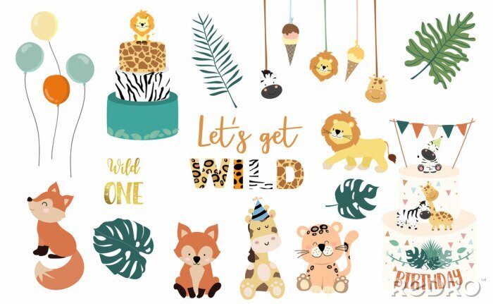 Poster Safari object set with fox,giraffe,zebra,lion,leaves. illustration for logo,sticker,postcard,birthday invitation.Editable element
