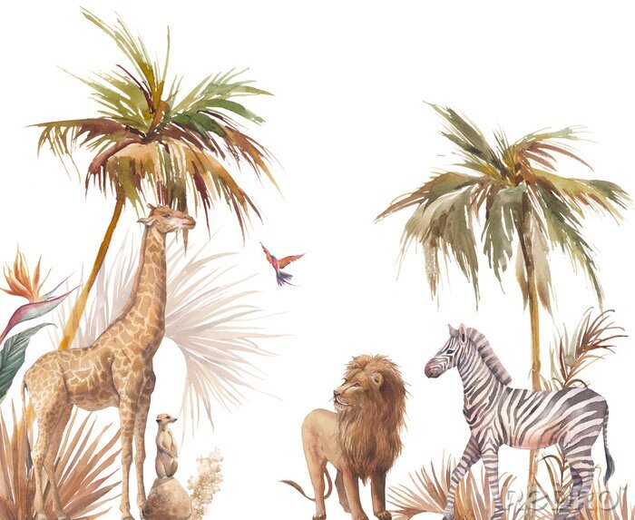 Poster Safari wildlife wallpaper. Illustration with zebra, lion and giraffe. Watercolor animal and jungle flora on white background.