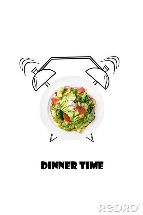 Poster Salade op plaat met wekker. Tijd concept van het diner. Voedselillustratie op witte achtergrond wordt geïsoleerd die.