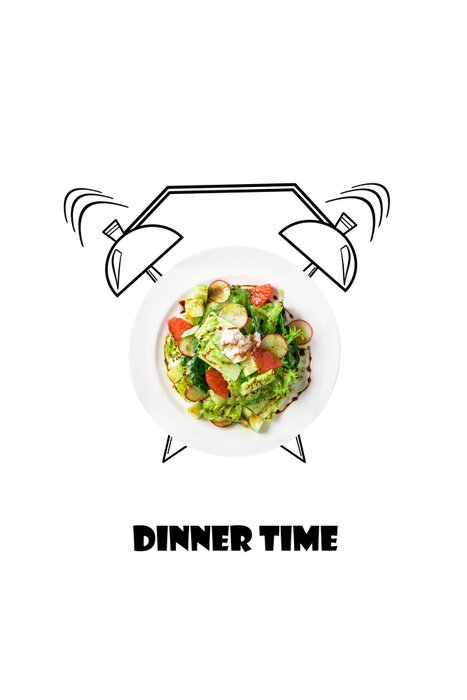 Poster Salade op plaat met wekker. Tijd concept van het diner. Voedselillustratie op witte achtergrond wordt geïsoleerd die.