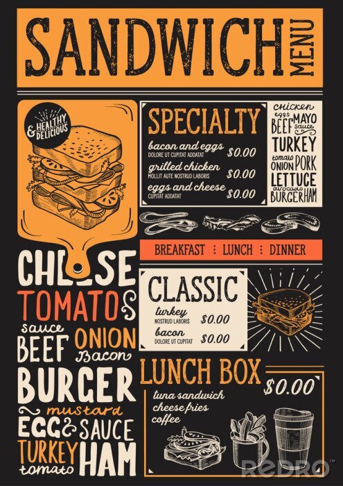 Poster Sandwich restaurant menu. Vector food flyer for bar and cafe. Design template with vintage hand-drawn illustrations.