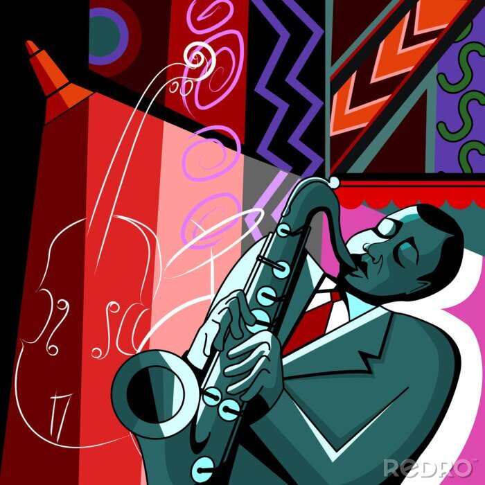 Poster saxofonist op een kleurrijke achtergrond
