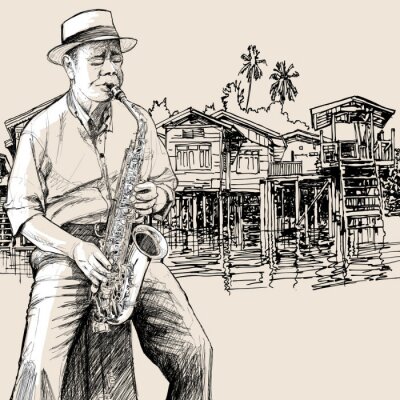 Saxofonist op stadsachtergrond