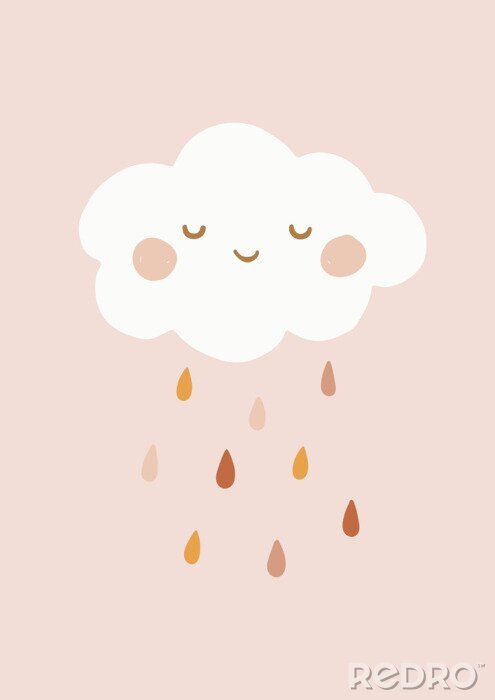 Poster Scandinavian Style Kids Room Decoration. Hand Drawn Infantile Cute Cloud on a Pink Background. Vector Illustration Isolated. Ideal as Card, Invitation, Poster. 
