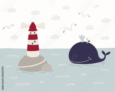 Scandinavisch landschap met een walvis en een vuurtoren voor kinderen