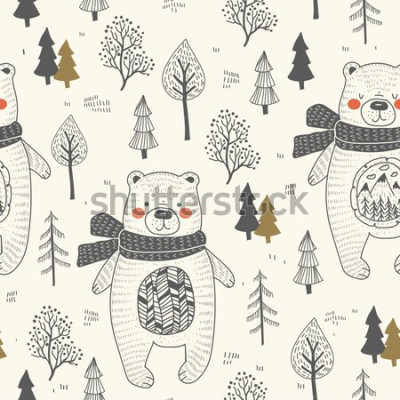 Poster Scandinavische afbeeldingen van teddyberen in een sjaal en een kerstboom