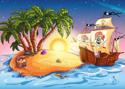 Poster Schateiland en piratenschip voor kinderen
