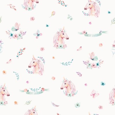 Schattig aquarel eenhoorn naadloze patroon met bloemen. Nursery magic unicorn patterns. Prinses regenboog textuur. Trendy roze cartoon pony paard.