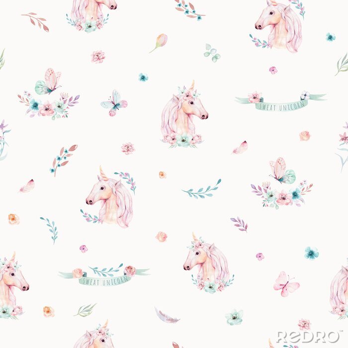 Poster Schattig aquarel eenhoorn naadloze patroon met bloemen. Nursery magic unicorn patterns. Prinses regenboog textuur. Trendy roze cartoon pony paard.