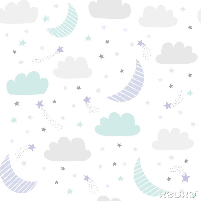 Poster Schattig nachthemel vector patroon met hand getrokken sterren, wolken en maan. Naadloze babyachtergrond.
