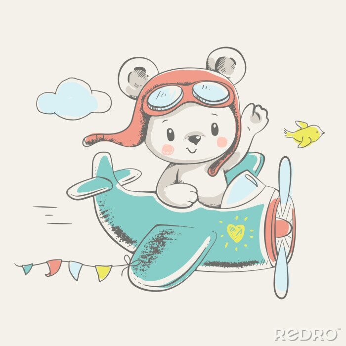 Poster Schattige kleine beer vliegen op een vliegtuig getrokken cartoon de hand vector illustratie. Kan gebruikt worden voor de baby t-shirt print, mode print design, kinderen dragen, baby shower viering gro