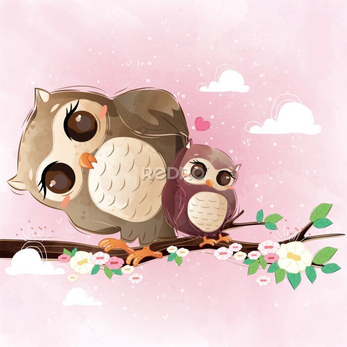 Poster Schattige uiltjes op een roze achtergrond