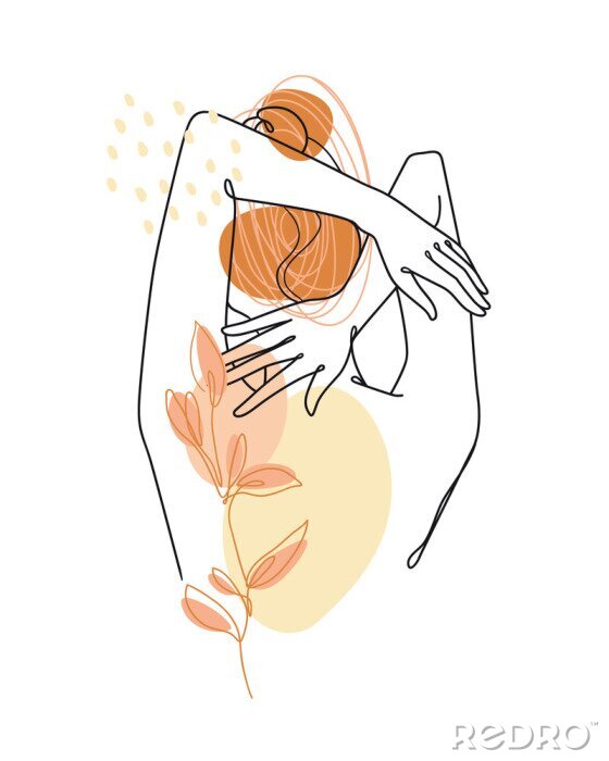 Poster Schets van de rug van een vrouw omringd door een takje
