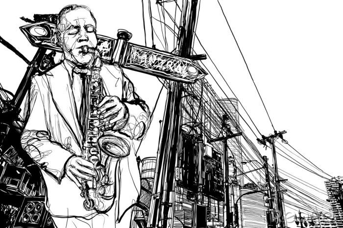 Poster Schets van een saxofonist op straat