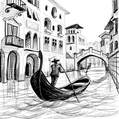 Poster Schets van een Venetiaanse gondel