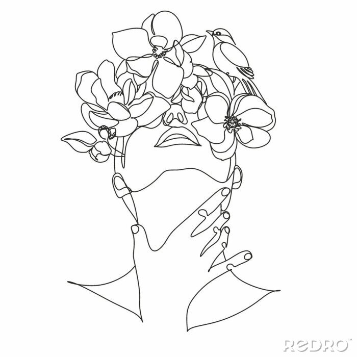 Poster Schets van een vrouwelijk gezicht met bloemen