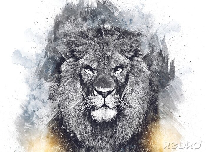 Poster Schets van een woeste leeuw met weelderige manen