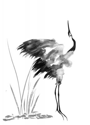 Poster Schilderij met zwarte inkt van een kraanvogel