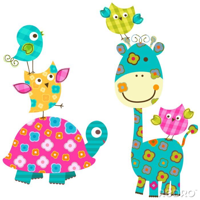 Poster Schildpad en giraf omgeven door kleurrijke vogels