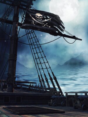 Poster Schip en piratenvlag 's nachts
