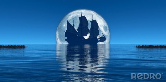 Poster Schip op zee tegen de achtergrond van de maan