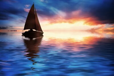 Poster Schip op zee voor zonsondergang