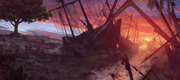 Poster Schipbreuk op de zonsondergangachtergrond