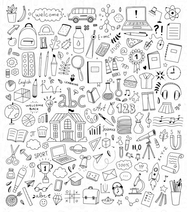 Poster School doodle illustratie set. Terug naar schoolelementen en pictogrammen. Kinderen onderwijs hand getrokken tekeningen