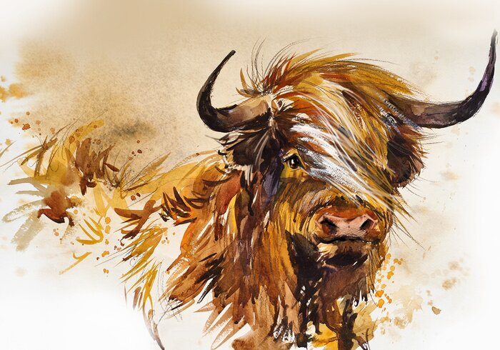 Poster Schotse stier geschilderd in aquarel