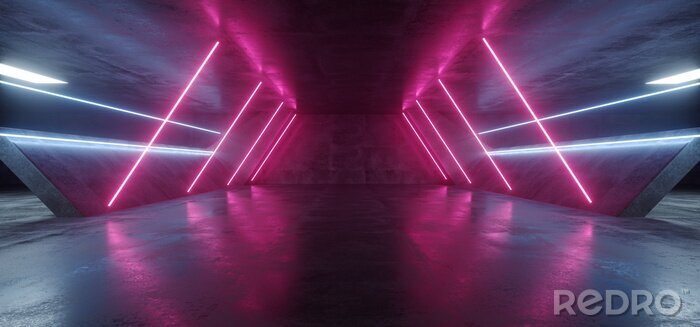 Poster Sci Fi Futuristic Alien Tunnel Ship Corridor Underground Laser Purple Blue Neon Light Lines On Grunge Reflective Concrete Empty Space Background 3D Rendering