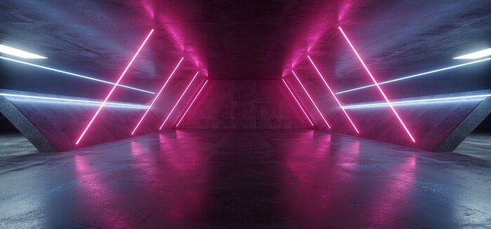 Poster Sci Fi Futuristic Alien Tunnel Ship Corridor Underground Laser Purple Blue Neon Light Lines On Grunge Reflective Concrete Empty Space Background 3D Rendering