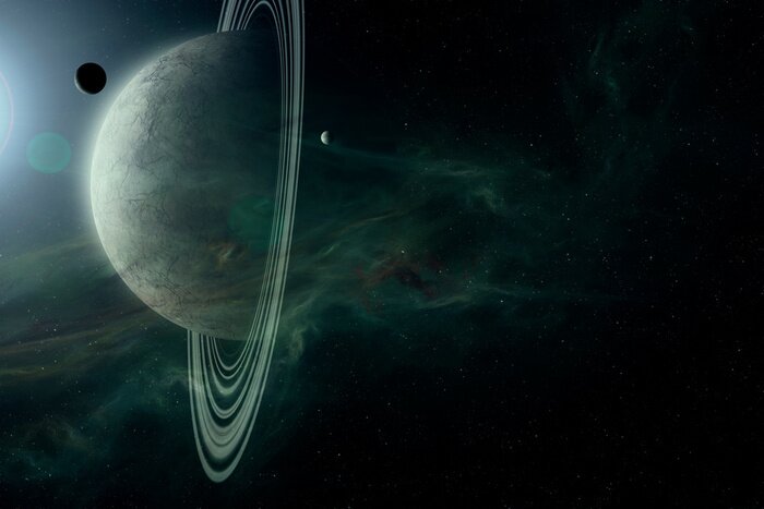 Poster science fiction space scene, planet with rings  and moons in bright star light astronomy background digital illustration (no NASA images used)