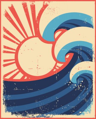 Poster Sea waves poster.Grunge illustration of sea landscape.