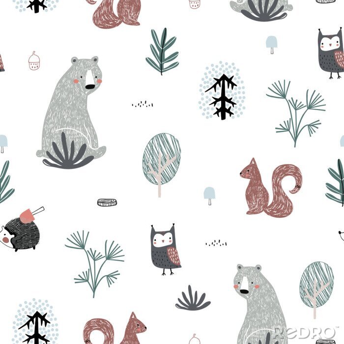Poster Seamless childish pattern with cute bear, squirrels, owl, hedgehog in the wood. Creative kids forest texture for fabric, wrapping, textile, wallpaper, apparel. Vector illustration