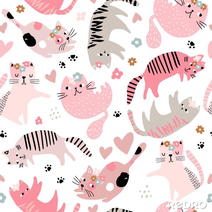Poster Seamless childish pattern with cute girl cats . Creative kids hand drawn texture for fabric, wrapping, textile, wallpaper, apparel. Vector illustration