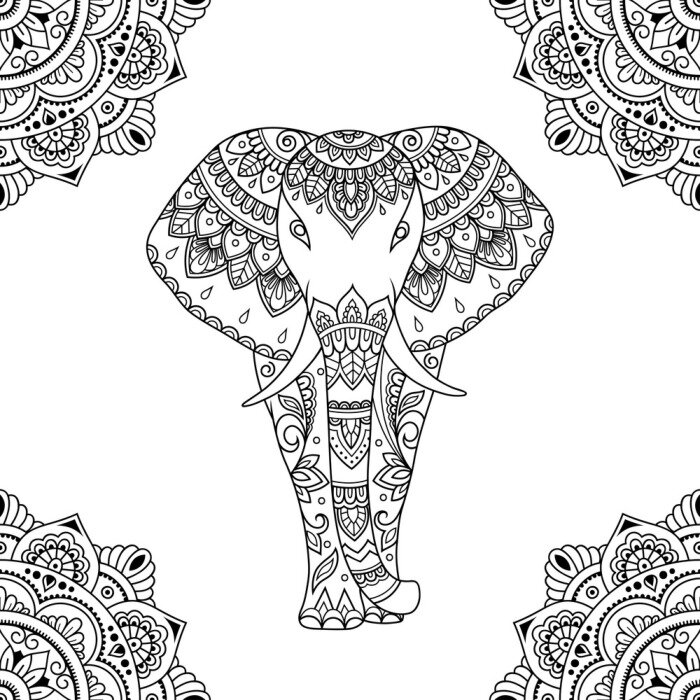 Poster Seamless decorative ornament in ethnic oriental style. Circular pattern in form of mandala and African elephant for Henna, Mehndi, tattoo, decoration.