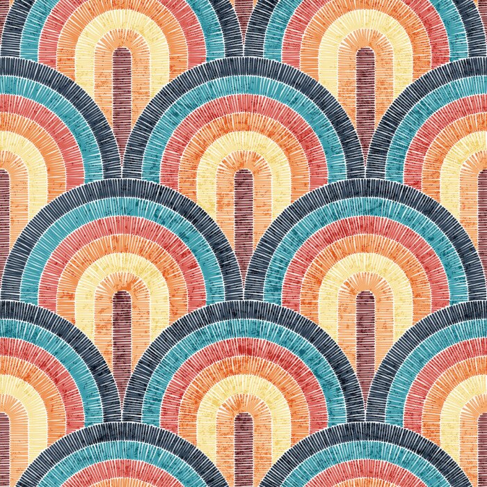 Poster Seamless embroidered pattern. Wavy bohemian print. Patchwork ornament. Vector illustration.