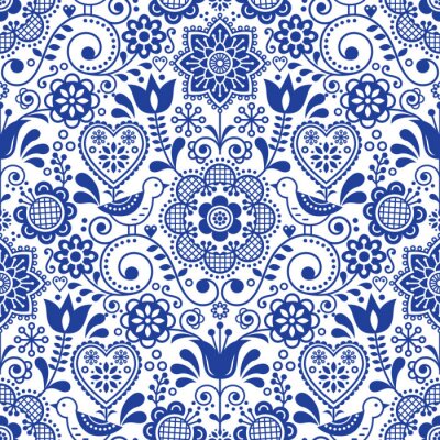Seamless folk art vector pattern with birds and flowers, Scandinavian navy blue repetitive floral design