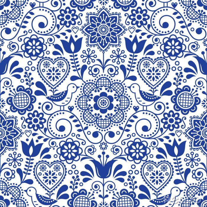 Poster Seamless folk art vector pattern with birds and flowers, Scandinavian navy blue repetitive floral design