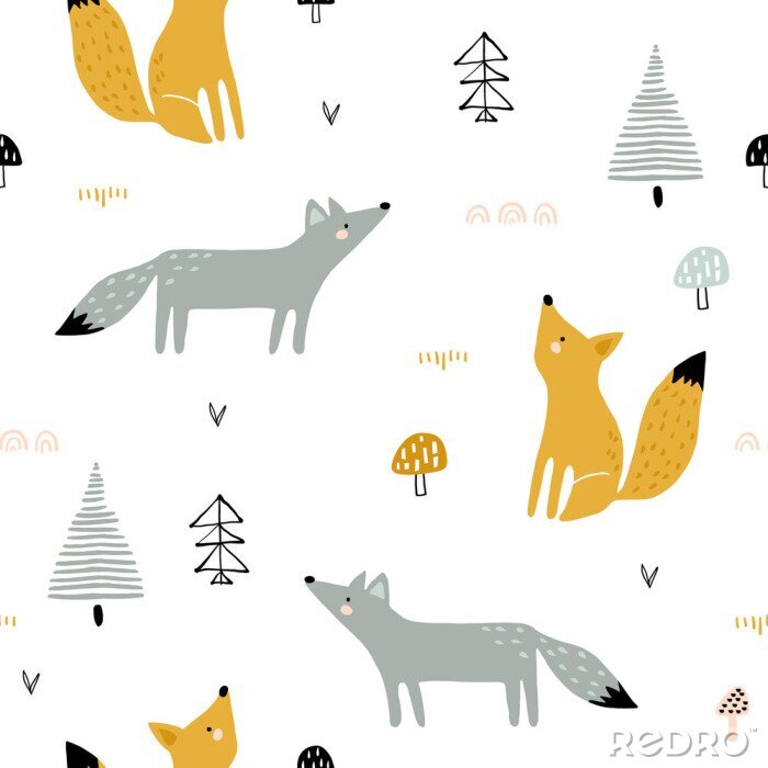 Poster Seamless forest pattern with foxes, trees, mushrooms. Creative minimalistic kids for fabric, wrapping, textile, wallpaper, apparel. Vector illustration