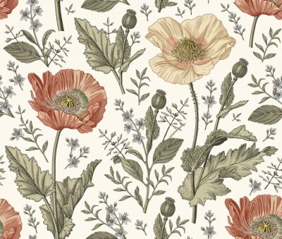 Behang Seamless pattern. Beautiful blooming realistic isolated flowers. Vintage background fabric. Poppy Croton wildflowers. Wallpaper baroque. Drawing engraving sketch Vector victorian