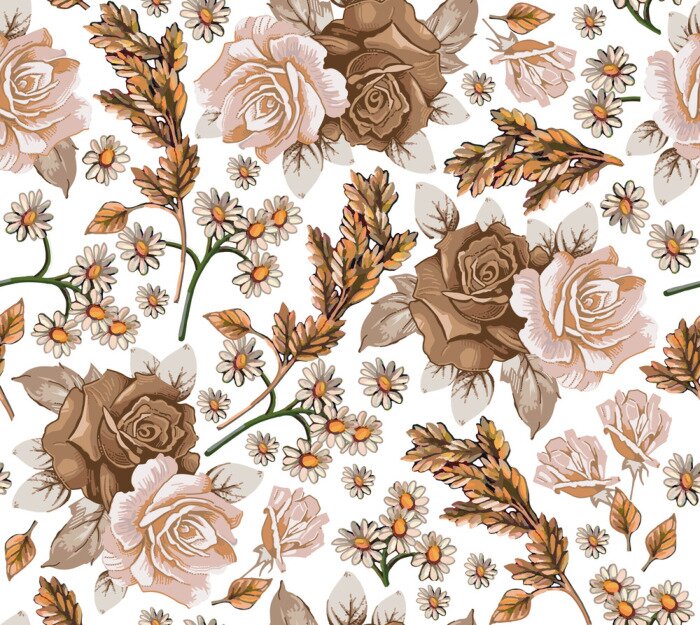 Poster Seamless pattern. Chamomile Roses Ears wildflowers. Beautiful blooming realistic isolated flowers. Vintage background fabric. Wallpaper baroque Drawing engraving sketch. Vector victorian illustration.