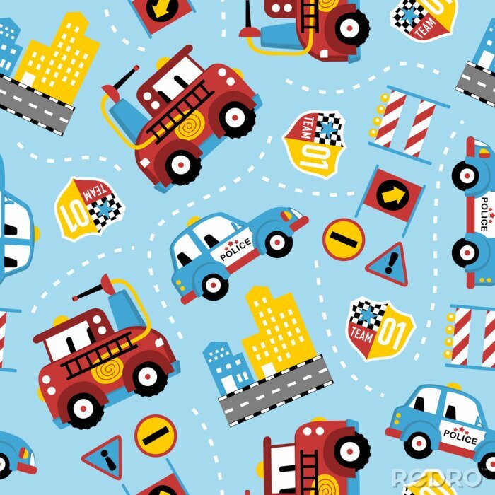 Poster seamless pattern of rescue team cartoon. Firefighter, police car, in the city.