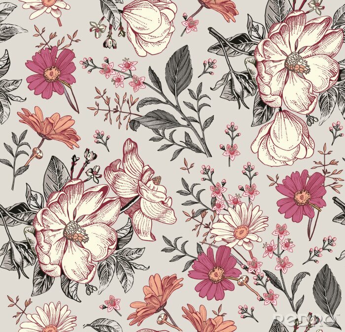 Poster Seamless pattern. Realistic blooming isolated flowers Vintage fabric background. Beautiful Rosehip chamomile croton wildflowers. Wallpaper baroque. Drawing engraving. Vector victorian Illustration