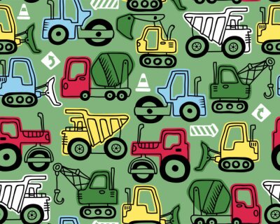 Behang Seamless pattern vector of construction vehicles cartoon