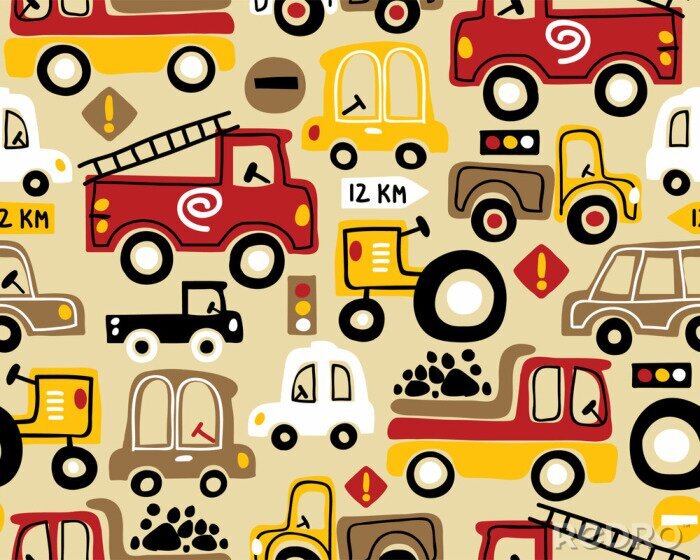 Poster Seamless pattern vector with vehicles cartoon