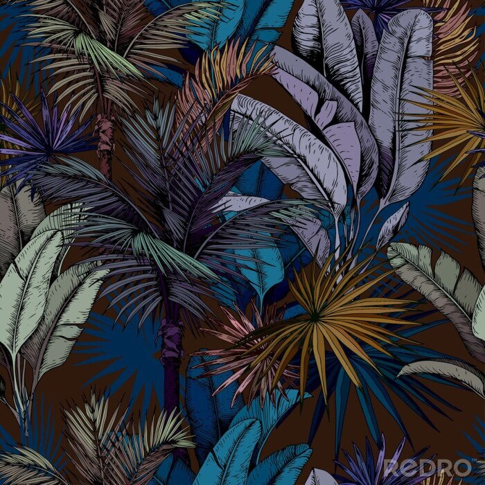 Poster Seamless pattern with colorful tropical leaves on dark blue background. Hand drawn vector illustration.