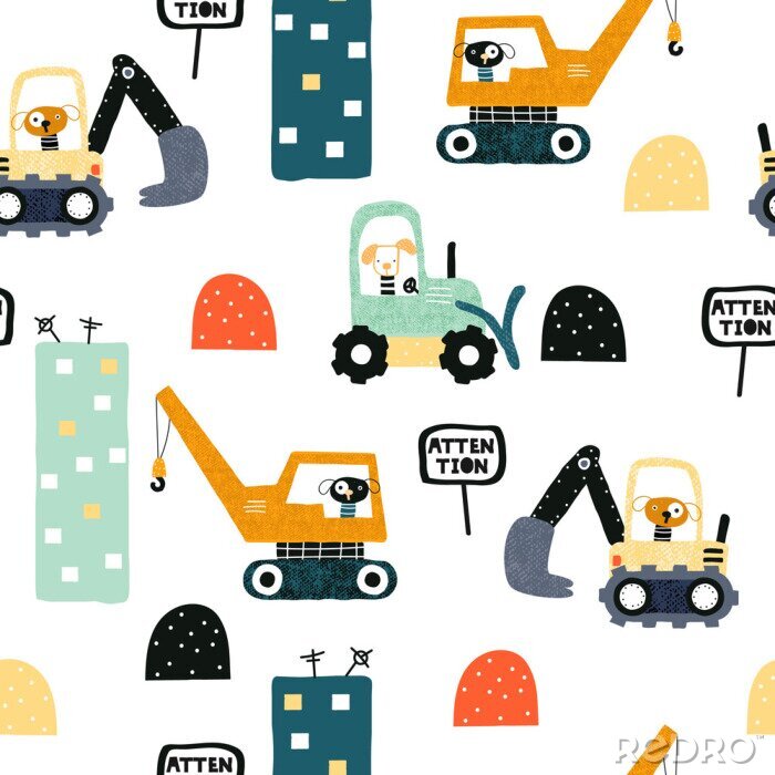 Poster Seamless pattern with dog worker and heavy transports. Kids funny print. Vector hand drawn illustration.