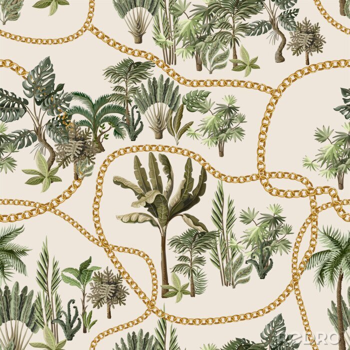 Poster Seamless pattern with exotic trees such us palm, monstera and banana with chains.